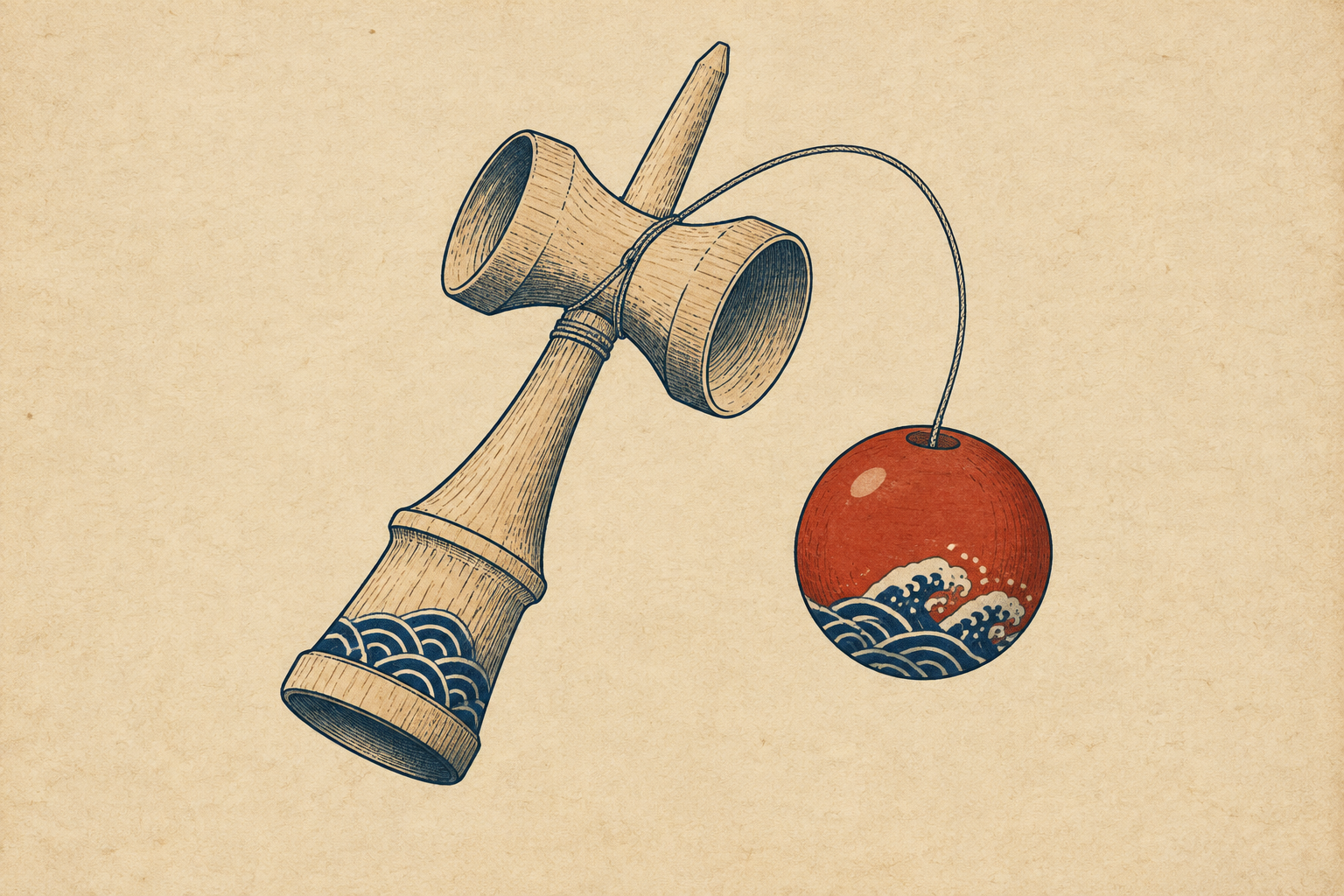 Woodblock-style illustration of a kendama with a red tama